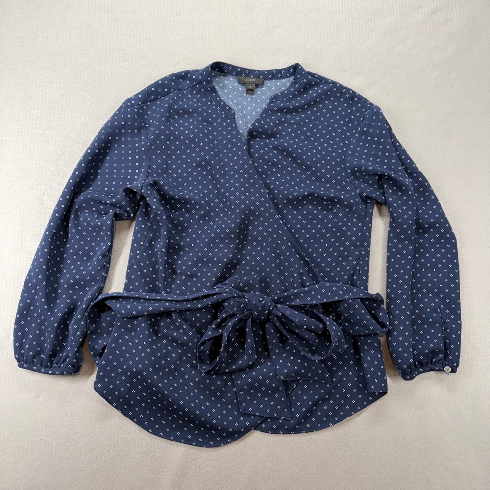 J.Crew Wrap Blouse Womens S Navy Blue Diamond Print Long Sleeve Tie Waist Top